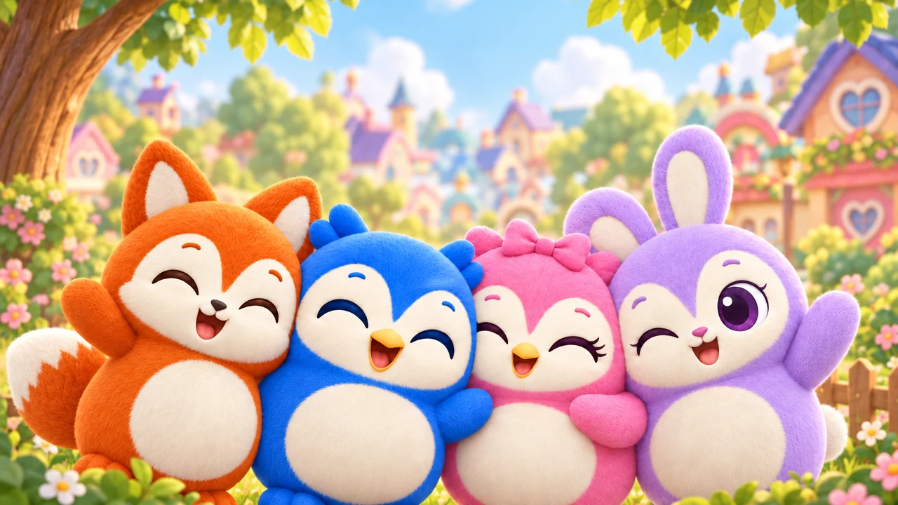 Notaro, Pinky and friends hugging in a sunny meadow