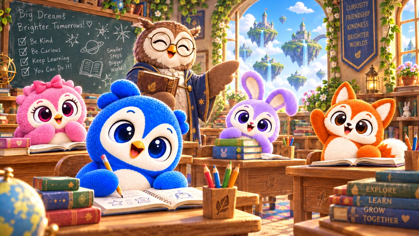 Notaro and friends in a cozy classroom overlooking floating islands