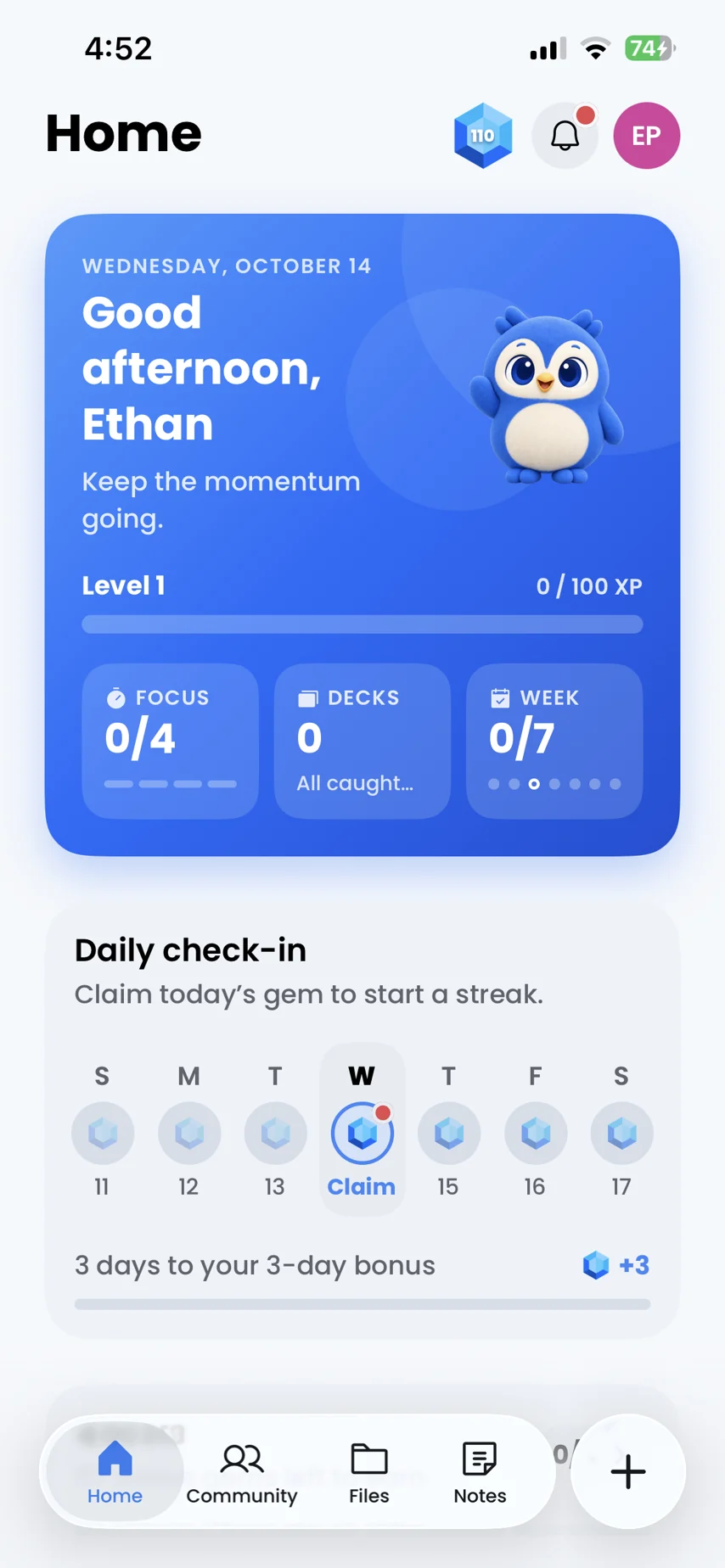 Notaro Home screen with today's greeting, level and daily check-in