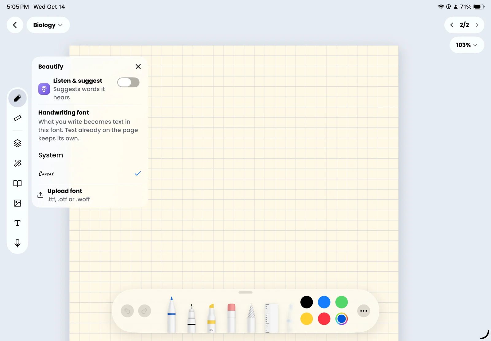 Notaro on iPad: a Biology notebook with the Beautify panel open