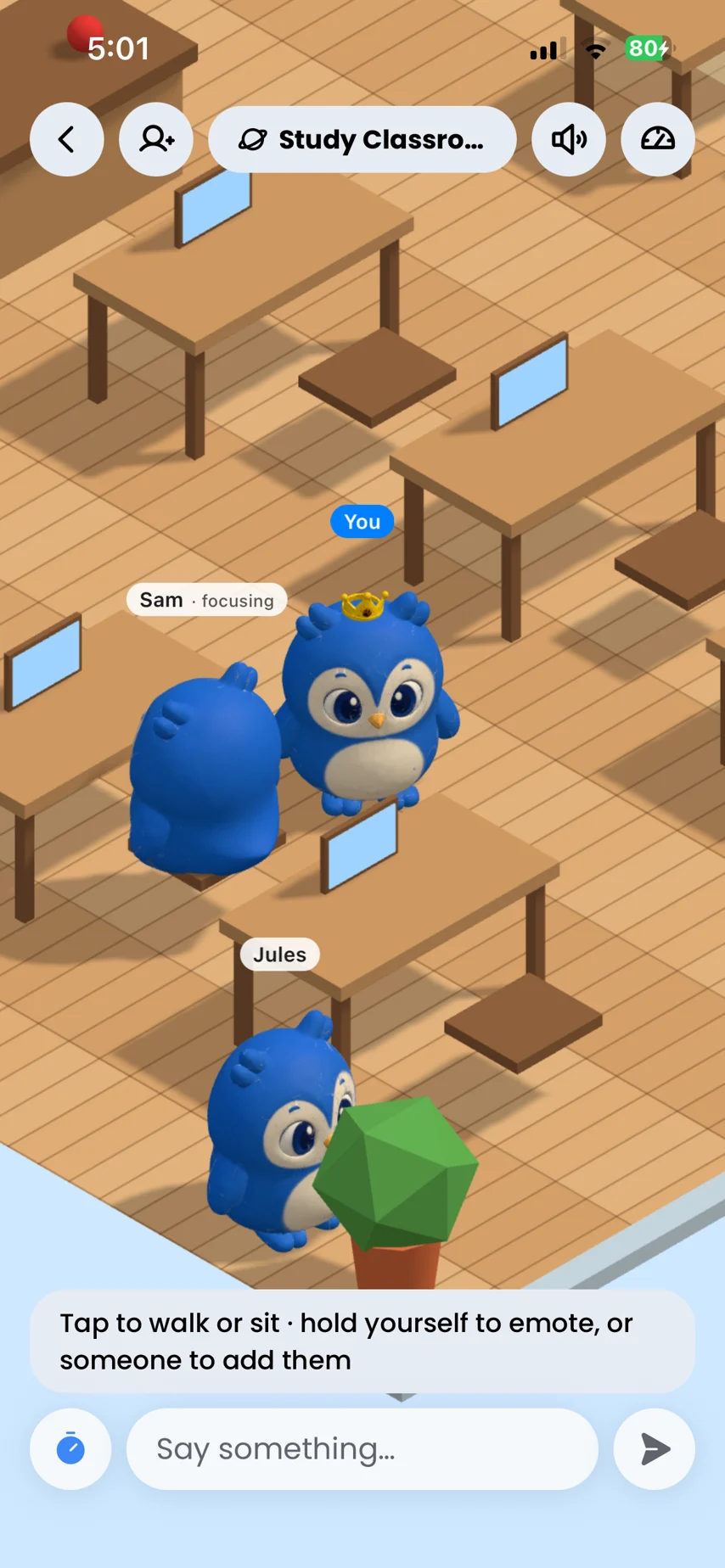 Study Town: owl avatars walking between classroom desks